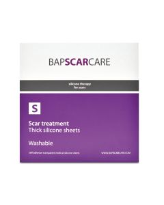 A BAPSCARCARE packaging box for thick BAPSCARCARE S silicone scar treatment sheets, labeled as washable and self-adhesive, with a purple and white design.
