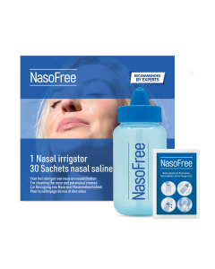 NasoFree nasal irrigator starter kit with squeeze bottle and saline sachets for nasal rinse and sinus care
