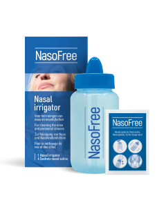 NasoFree nasal irrigator starter kit with squeeze bottle and saline sachets for nasal rinse and sinus care