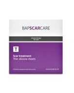 A BAPSCARCARE packaging box for thin silicone scar treatment sheets, featuring a purple and white design with product details.