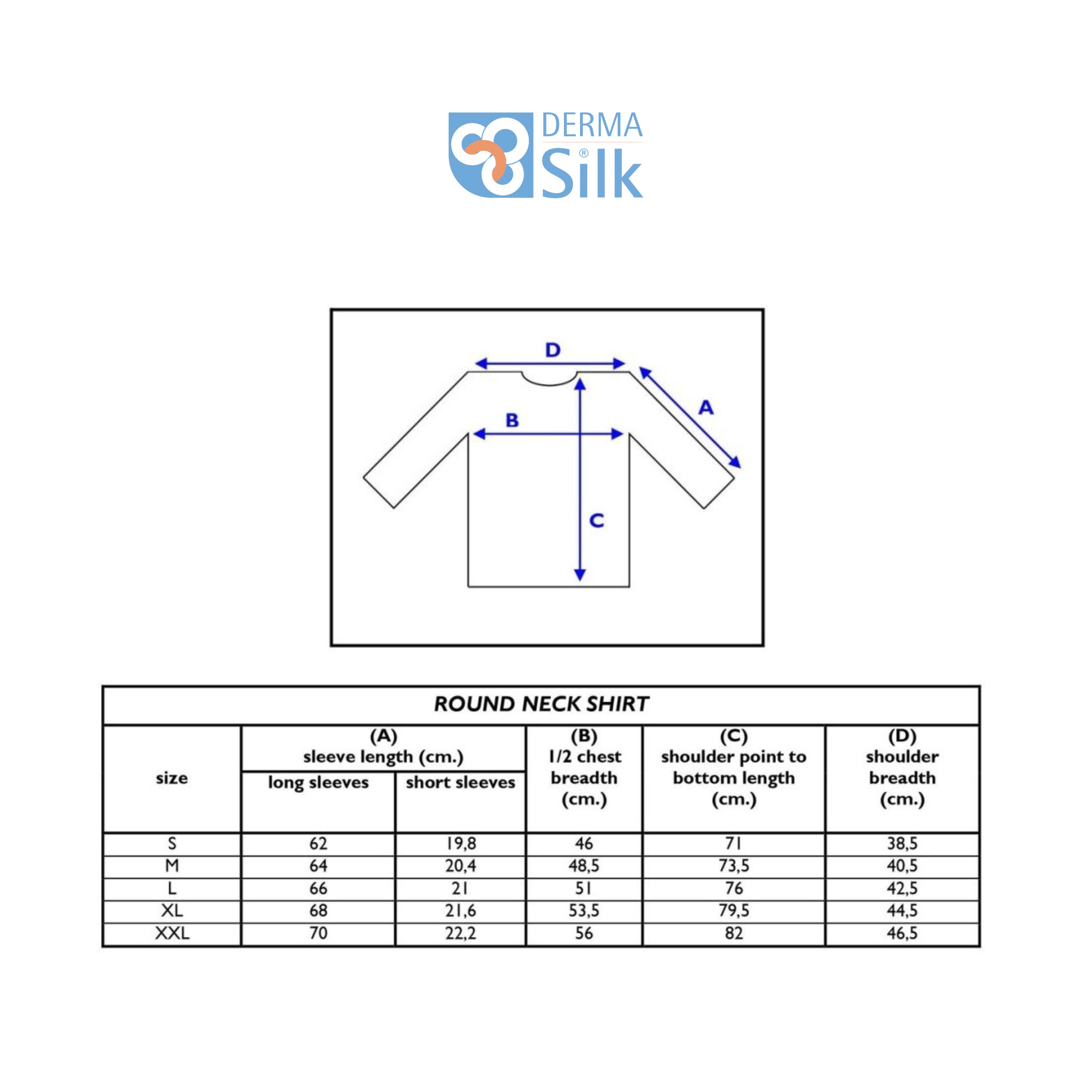 DermaSilk Gents Round Neck Shirt Long Sleeve size chart