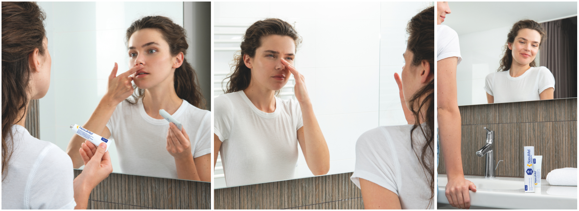 A young women applying NasuMel honey nasal ointment
