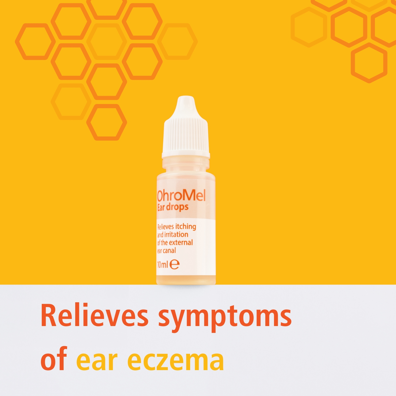 An OhroMel Ear Drops bottle is displayed against an orange background with honeycomb graphics and a bee. Text highlights that the product "Relieves symptoms of ear eczema," specifically itching and irritation of the external ear canal.