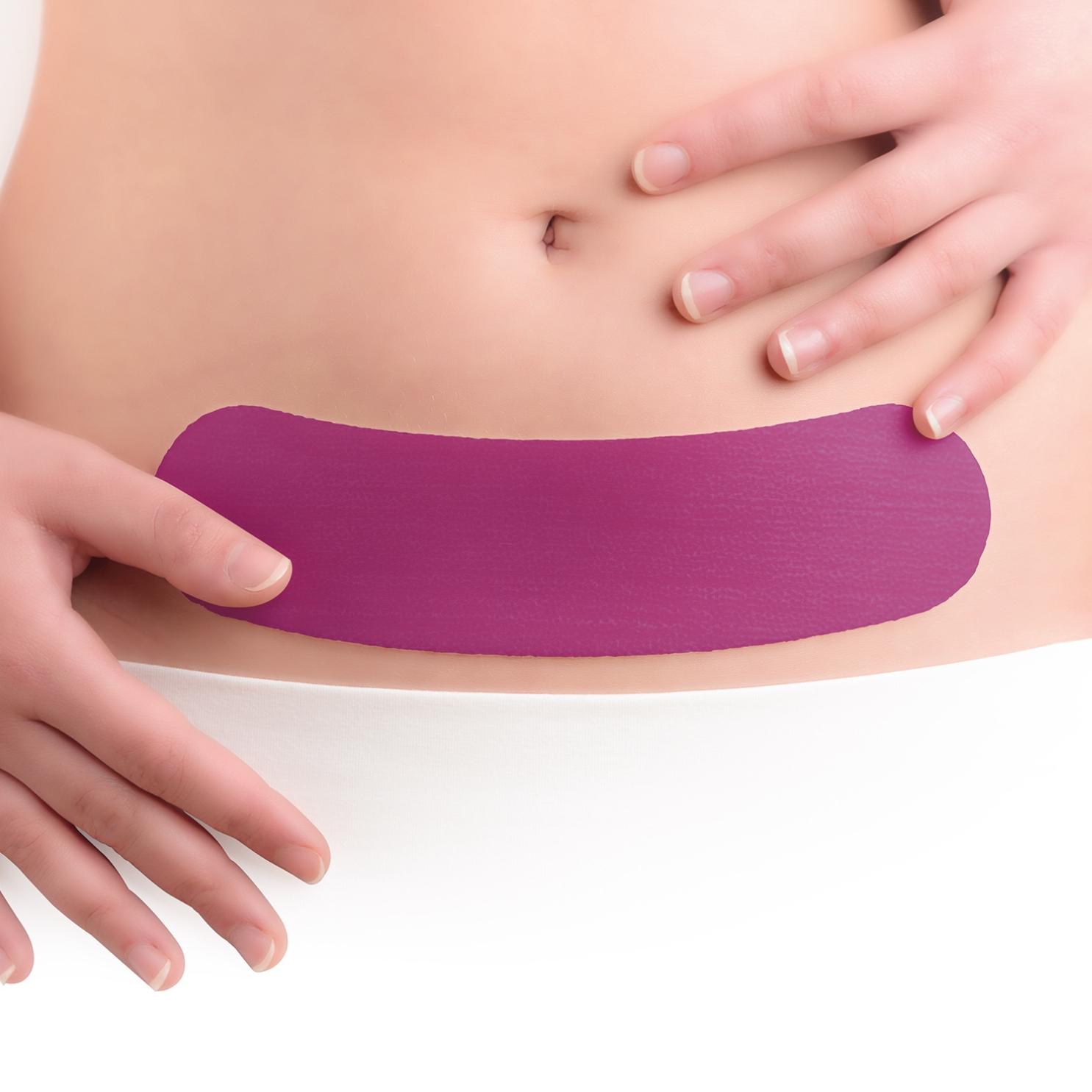 A close-up of a person&rsquo;s abdomen shows hands gently holding a purple scarban silicone sheet over a C-section scar area.
