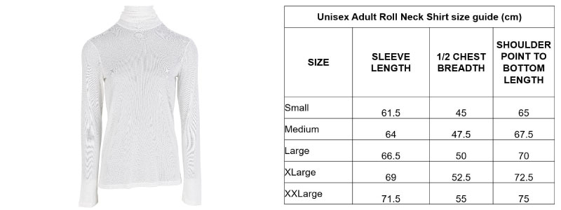 DermaSilk Unisex Long Sleeve Roll Neck Shirt size guide
